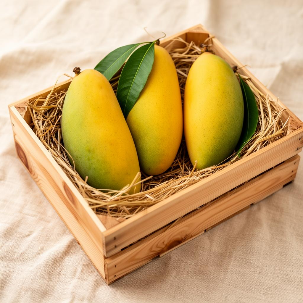 Dussehri mangoes in a wooden crate
